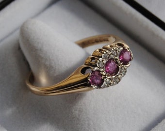 Ruby Three Stone and Diamond - 9ct Gold Vintage Ring