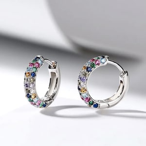New modern Earrings, stylish Earrings, Zircon Colourful Mini Round Silver Plate Hoop Earrings, Luxury Earrings, Gift for Mom, Gift for her