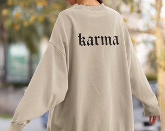 felpa karma unisex con retrostampato vestibilità comoda oversize, maglione estetico in cotone con retrostampato sostenibile, maglione oversize good vibes