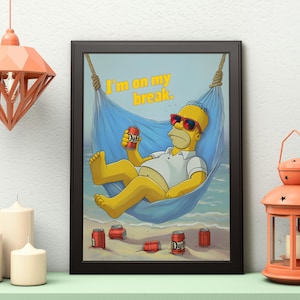 Zabawny cyfrowy nadruk plażowy Homera Simpsona - plakat z hamakiem Duff Beer - leniwe lato na ścianę - dekoracja z kreskówek do jaskini mężczyzny, baru lub biura