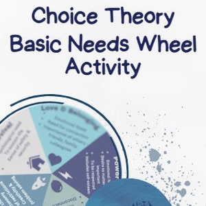 May include: A blue and white wheel with six sections, each representing a basic human need: love and belonging, power, freedom, fun, survival, and  physical needs. The wheel is labelled "Choice Theory Basic Needs Wheel Activity". The image also includes a blue circle with the text "Pathways Guidance Guidance Counselling".