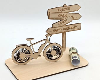 Personalized wooden e-bike gift for birthdays, bicycle gift idea with signpost, retirement, pension, gift packaging for money