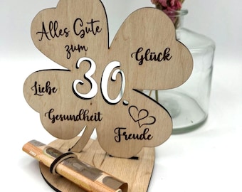 Gepersonaliseerd klaverblad-geldcadeau voor een 30e verjaardag | Houten cadeau-idee voor je 30e verjaardag | Decoratie voor je 30e verjaardag