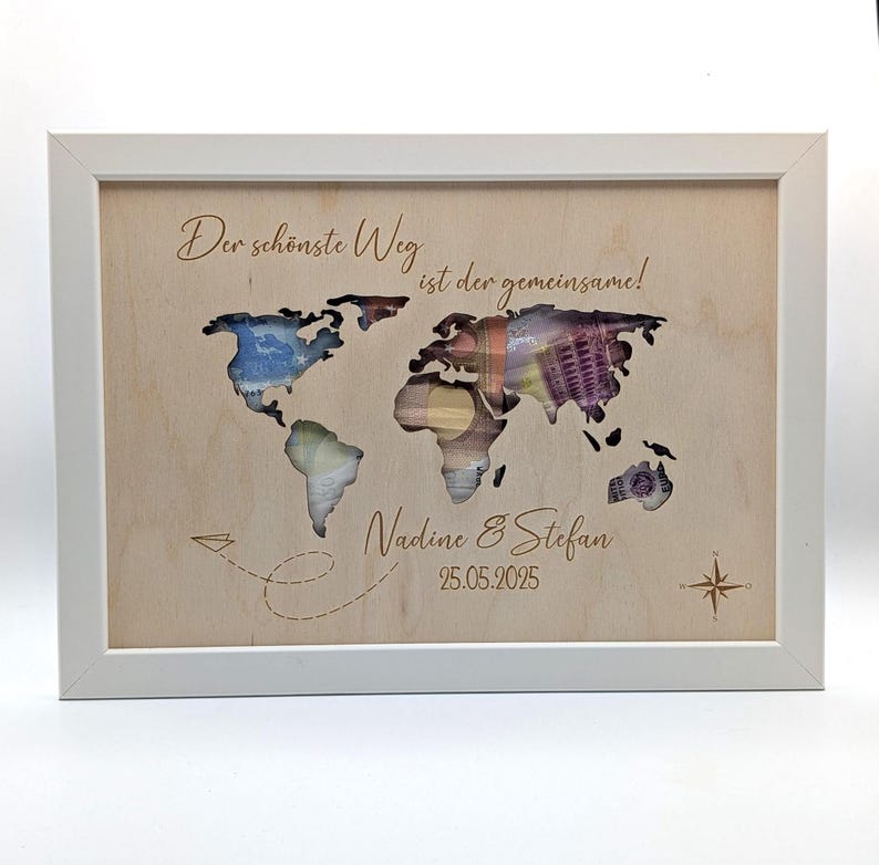 Weltkarte Geldgeschenk zur Hochzeit, Hochzeitsfeier personalisiert