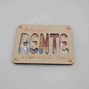Geldgeschenk zur Rente oder Pension aus Holz, Geschenkkarte für Geld Personalisiert, Geschenkidee zum Renteneintritt, Rentner Geschenk