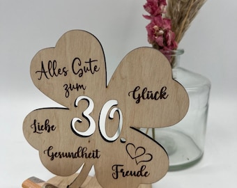 Geldgeschenk Kleeblatt Holz 30. Geburtstag, 12,5cm oder 18,0cm, Geldgeschenk auf Wunsch mit Namensgravur