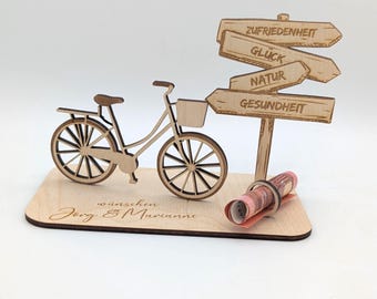 Personalized wooden bicycle gift idea for birthdays, women's bicycle gift idea, retirement, pension, birthday present money, signpost
