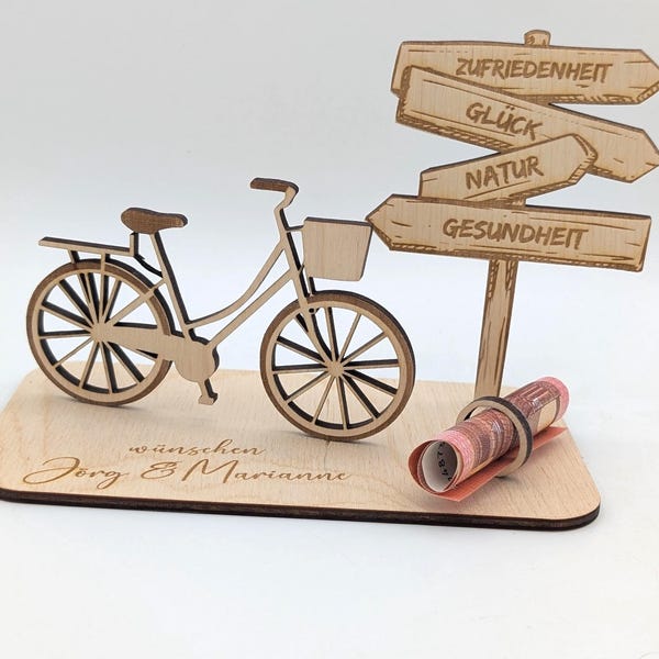 Geldgeschenk Fahrrad Geburtstag, Damenfahrrad Geschenkidee, Rente, Ruhestand Personalisiert aus Holz, Geburtstagsgeschenk Geld, Wegweiser