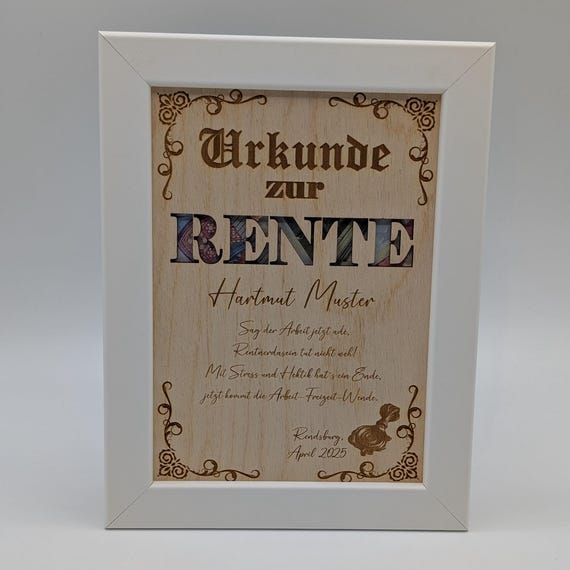 Personalisiertes Geldgeschenk Rente Ruhestand, Urkunde, Abschiedsgeschenk Geschenk Kollege, Bilderrahmen, besondere Geschenkidee,