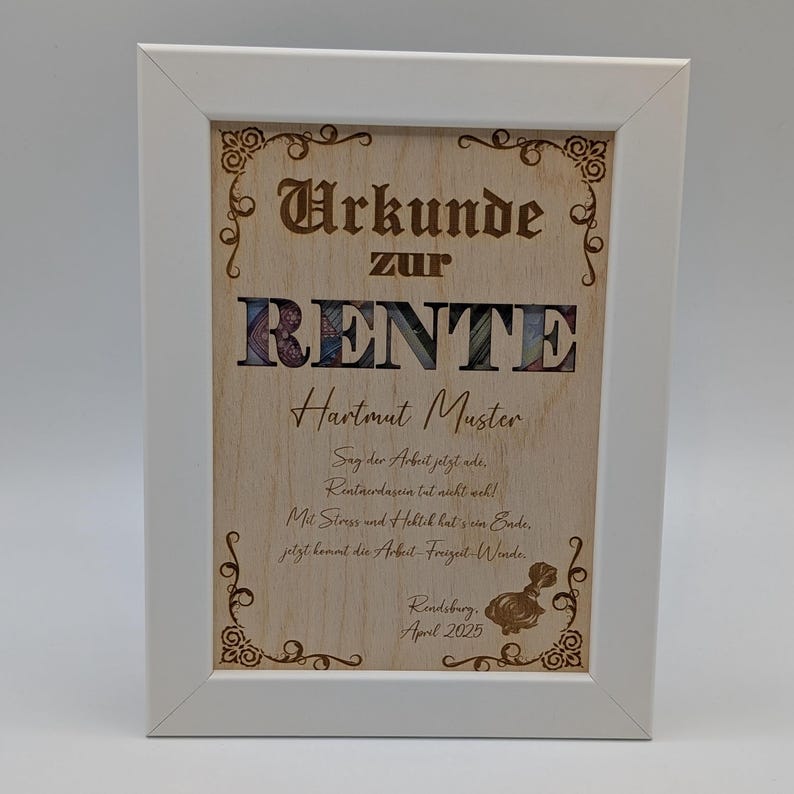 Geldgeschenk Bilderrahmen zur Rente, Geschenkidee