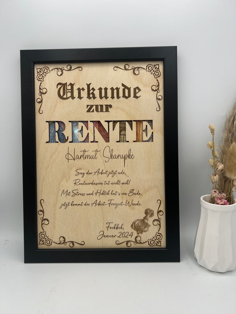 Geldgeschenk Bilderrahmen zur Rente, Geschenkidee