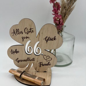 Geldgeschenk Kleeblatt Holz 66. Geburtstag, 12,5cm oder 18,0cm, Geldgeschenk auf Wunsch mit Namensgravur