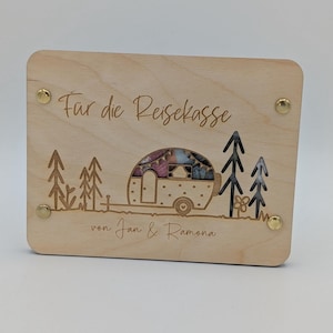 Geldgeschenk für Camper aus Holz | Geschenkkarte | Personalisiert | Geschenkidee für Reise | Holzkarte | Urlaubsgeld | Reisekasse | Geschenk