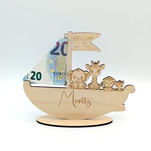 Geldgeschenk zur Geburt Personalisiert, Taufe oder zum 1. Geburtstag, Geschenkidee aus Holz, Arche Noah mit Gravur