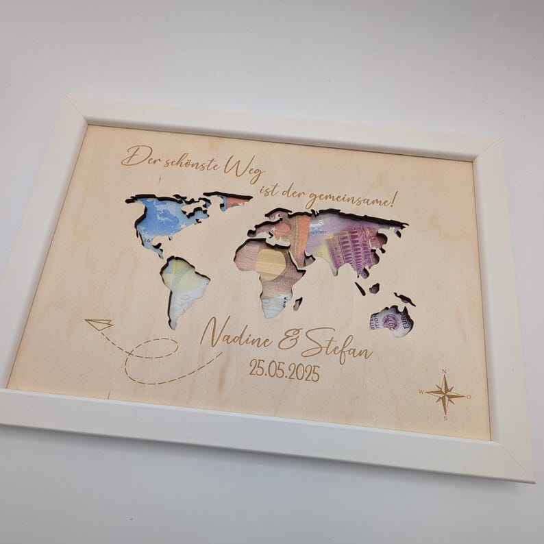 Weltkarte Geldgeschenk zur Hochzeit, Hochzeitsfeier personalisiert