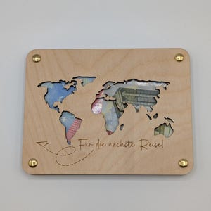 Geldgeschenk Weltkarte, Geschenkkarte zur Hochzeit, Geschenkidee Personalisiert für Geburtstag, Holzkarte, Reisekasse, Geschenk