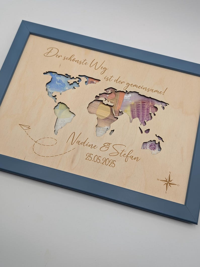 Weltkarte Geldgeschenk zur Hochzeit, Hochzeitsfeier personalisiert