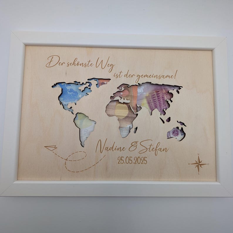 Weltkarte Geldgeschenk zur Hochzeit, Hochzeitsfeier personalisiert