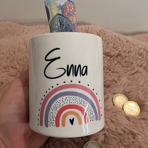 Personalisierte Spardose aus Keramik, mit Wunschname zur Konfirmation, Regenbogen, Kommunion, Taufe