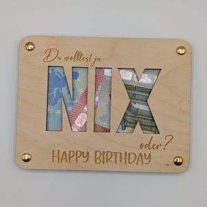 Geldgeschenk Nix aus Holz | Geschenkkarte NIX | Personalisiert | Geschenkidee für Geburtstage | Holzkarte | Lustiges Geschenk