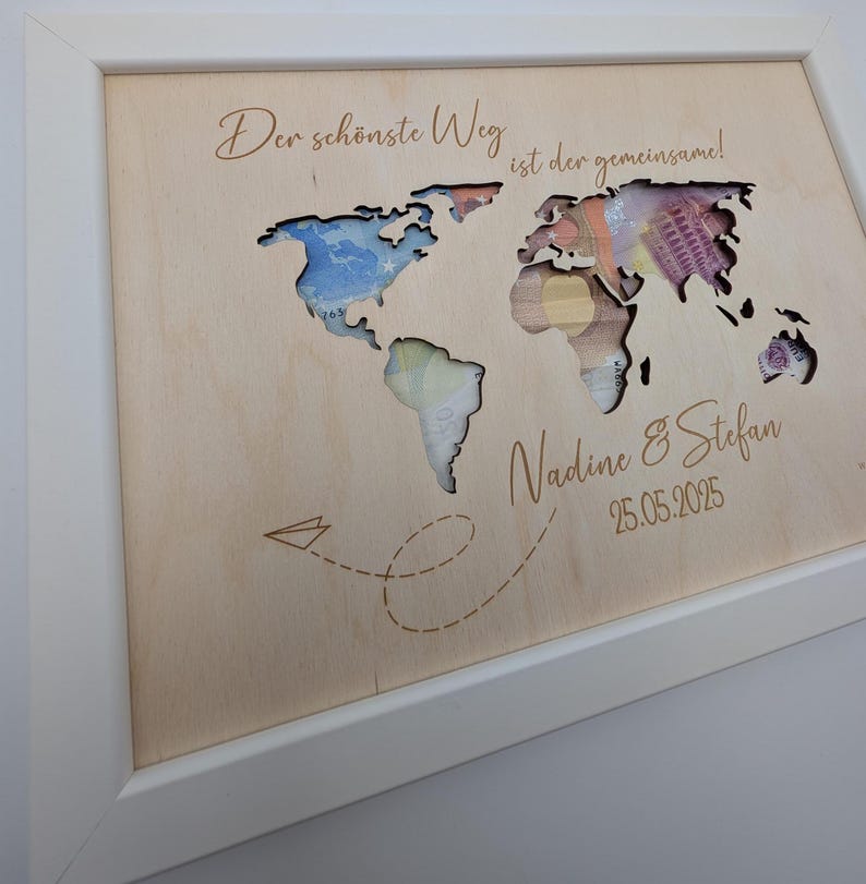 Weltkarte Geldgeschenk zur Hochzeit, Hochzeitsfeier personalisiert