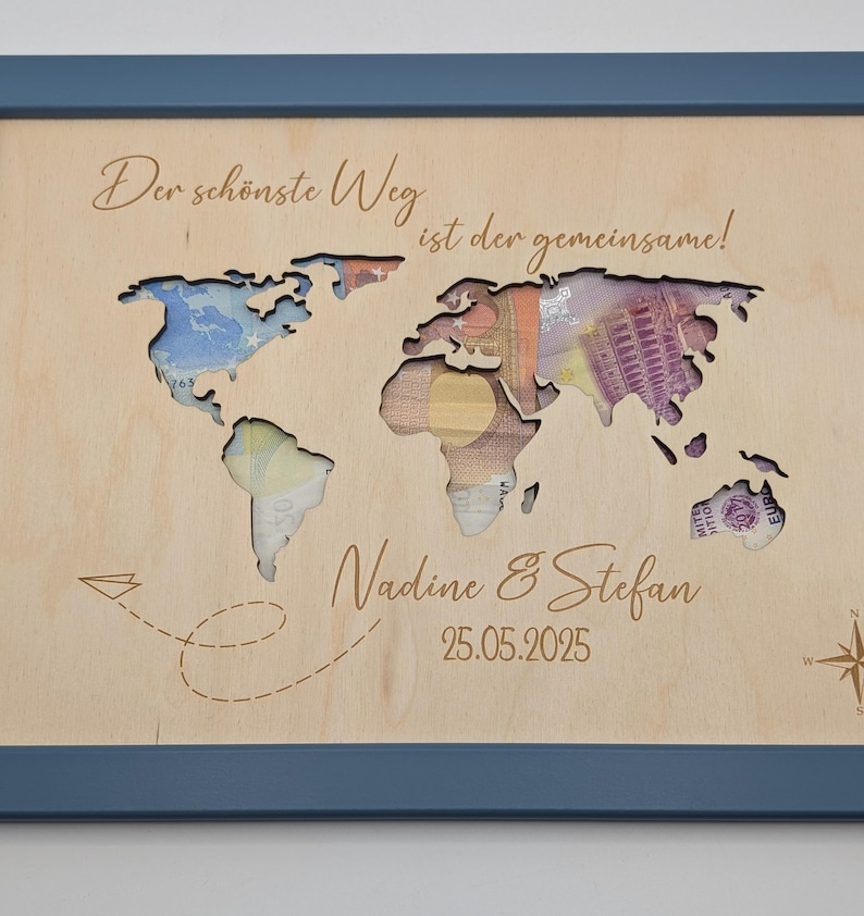 Weltkarte Geldgeschenk zur Hochzeit, Hochzeitsfeier personalisiert