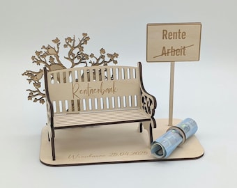 Geldgeschenk Rentnerbank, Geschenkidee Personalisiert zur Rente, Ruhestand, Renteneintritt oder Pension mit Ortsschild & Lebensbaum
