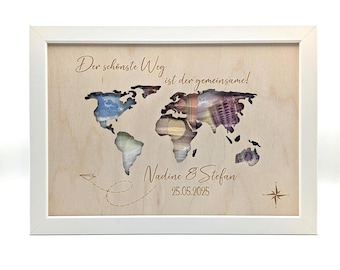 Money gift world map in a picture frame, personalized gift idea for the bride and groom, personalized wooden wedding gift