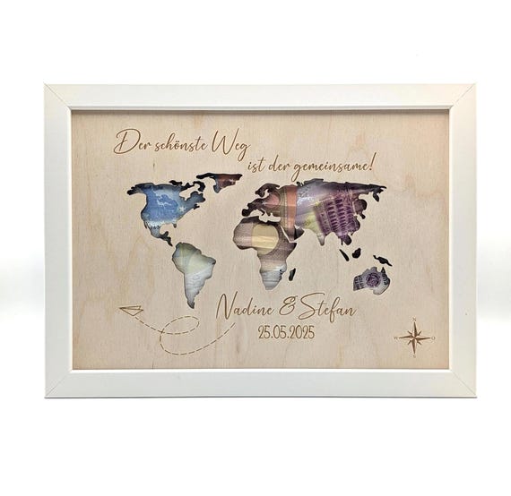 Hochzeitsgeschenk Weltkarte personalisiert, Geldgeschenk Hochzeit für das Brautpaar, Hochzeitsgeschenk aus Holz mit gravur