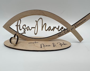 Money gift for communion made of wood, fish with desired name including engraving made of wood, confirmation, baptism, youth consecration, naming, confirmation