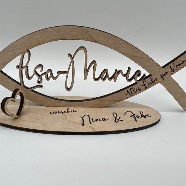 Money gift for communion made of wood, fish with desired name including engraving made of wood, confirmation, baptism, youth consecration, naming, confirmation
