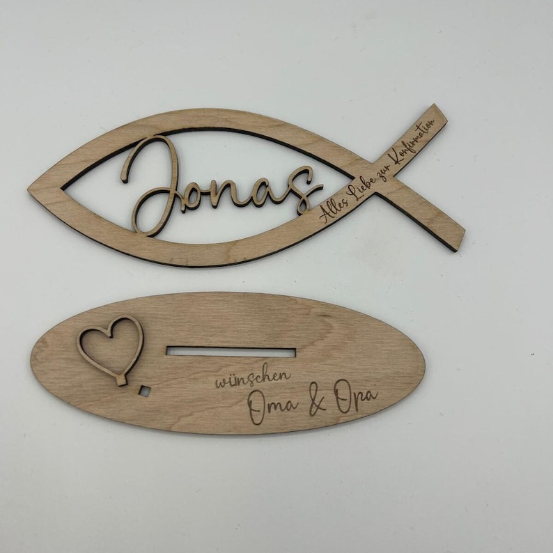 Geldgeschenk zur Konfirmation aus Holz, Fisch mit Wunschname inkl. Gravur aus Holz, Kommunion, Taufe, Jugendweihe, Namensgebung, Firmung Bild 7