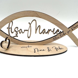 Geldgeschenk zur Kommunion aus Holz, Fisch mit Wunschname inkl. Gravur aus Holz, Konfirmation, Taufe, Jugendweihe, Namensgebung, Firmung