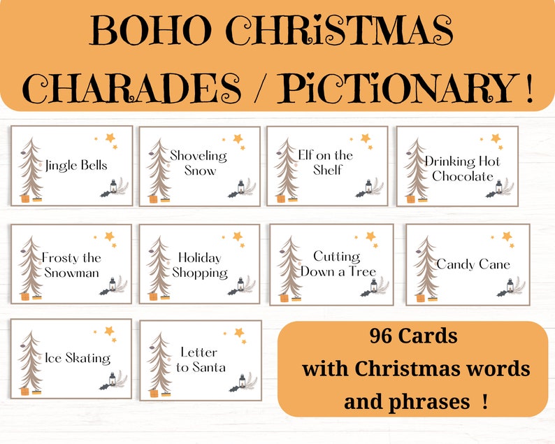 Boho Christmas Charades Printable Game, Charades Cards, Christmas ...