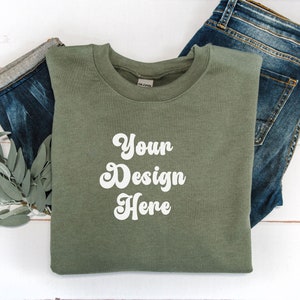 Gildan 18000 Green Crewneck Mockup - Gildan Crewneck Mockup - Military Green - Crewneck Mock -Flat Lay Mockup - Gildan 18000 -Sweater Mockup