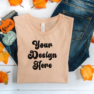 Bella Canvas 3001 Tshirt Mockup - Bella Canvas Flat Lay Thanksgiving- Heather Peach Mock - Shirt Mockup- Halloween TShirt Mock - Fall Mockup