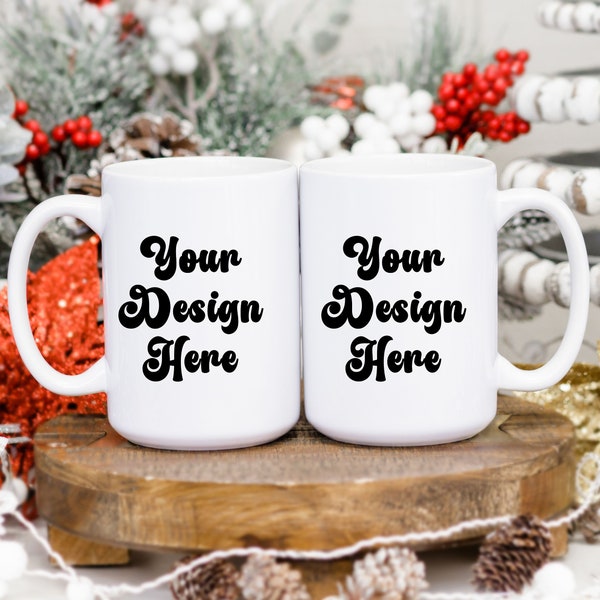 Christmas Mug Mockup, Christmas Mockup, Two 15 oz Coffee Mugs  Mockup, Mug Mockup, White Coffee Mug Mockup, Winter Styled Mockup,Holiday Mug