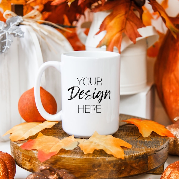 Fall Mug Mockup, Thanksgiving Mockup, 15 oz Coffee Mug Mockup, Halloween White Coffee Mug Mockup, Winter Styled Mockup,Holiday Mug Mockup