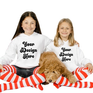 Kids Christmas Hoodie Mockup With Dog, Gildan 18500B Youth Hoodie Mockup, Child Mockup Youth Model Mockup Sweatshirt Kids, Lifestyle  185B