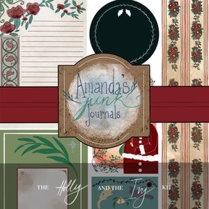 May include: A digital printable kit with a red, white, and green color scheme. The kit includes a title card that says "Amanda's Junk Journals", a holly and ivy themed page, a page with a Santa Claus illustration, and a page with a bird and bell illustration. The kit is perfect for creating your own junk journals.