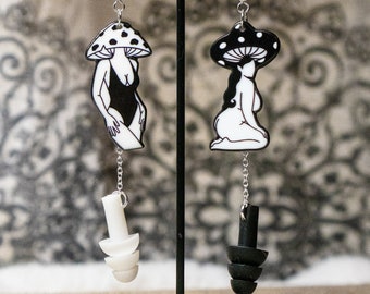 Funky Black and White Mushroom Lady Earplug Earrings