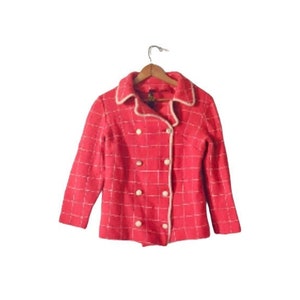 Vintage 70s Red Plaid Blazer Jacket // Red with White Trip Button Up Coat // Double Breasted Tailored Knit Womenswear // Made in Paris Small