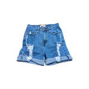 Vintage Blue Wash Denim Cutoff Shorts // High Waisted Jean Shorts, Frayed Hem // Vtg 1990s Cuffed Shorts // 100% Cotton Shorts, Size 2 Small