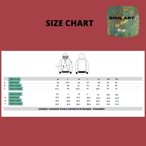 May include: A size chart for unisex hoodie sweatshirts, displaying measurements in centimetres and inches. Sizes range from XS to 3XL, with half chest, body length, and sleeve length dimensions. The text "SIZE CHART" is at the top.