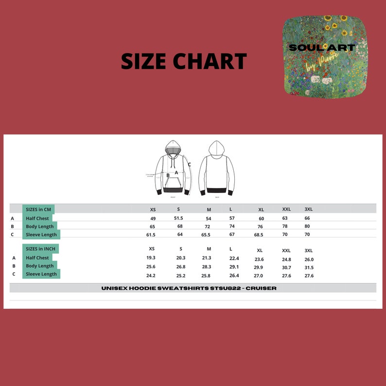 May include: A size chart for unisex hoodie sweatshirts, displaying measurements in centimetres and inches. Sizes range from XS to 3XL, with half chest, body length, and sleeve length dimensions. The text "SIZE CHART" is at the top.