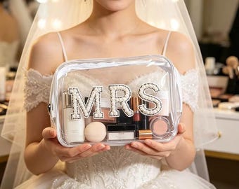 Clear Cosmetic Bag, Bride MRS Pouch, Wedding Day Essentials, Honeymoon Travel Bag