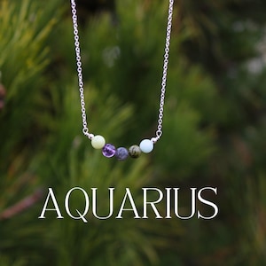 AQUARIUS Crystal Bead Necklace | Personalized Healing Crystal Astrology/Zodiac Necklace | Silver and Gold Chain Dainty Gemstone Jewelry Gift