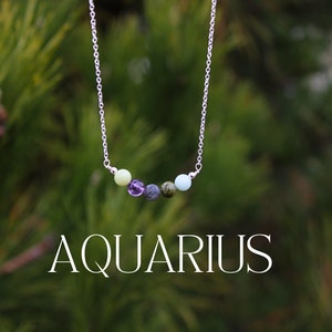 AQUARIUS Crystal Bead Necklace, Personalized Healing Crystal Astrology/Zodiac Necklace, Silver and Gold Chain Dainty Gemstone Jewelry Gift