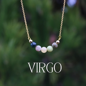 VIRGO Crystal Bead Necklace, Personalized Healing Crystal Astrology/Zodiac Necklace, Silver and Gold Chain Dainty Gemstone Jewelry Gift