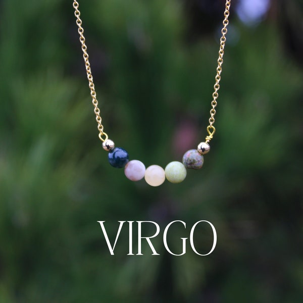 VIRGO Crystal Bead Necklace | Personalized Healing Crystal Astrology/Zodiac Necklace | Silver and Gold Chain Dainty Gemstone Jewelry Gift